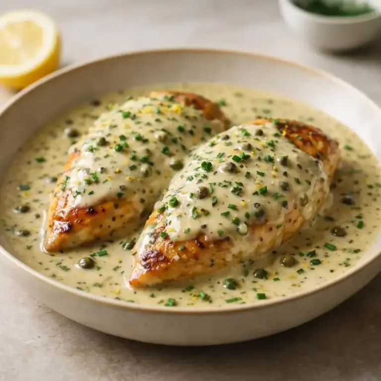 Petto di pollo saltato al burro di limone e salsa di panna al pepe verde
