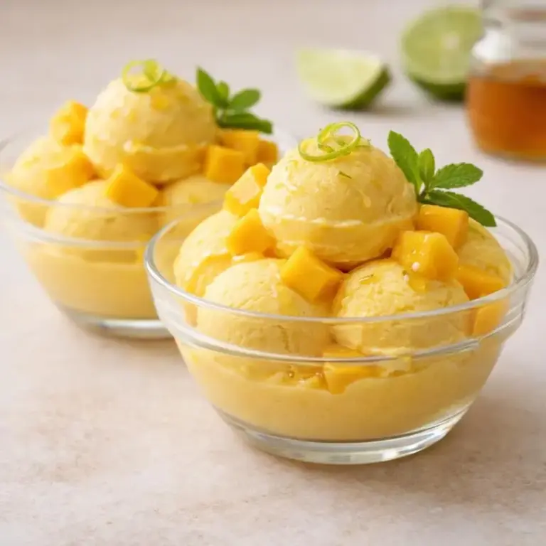 Gelato fatto in casa con yogurt greco, mango e miele senza gelatiera