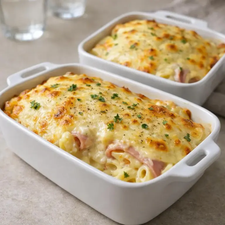 Gratin di pasta con prosciutto e salsa besciamella cremosa al formaggio