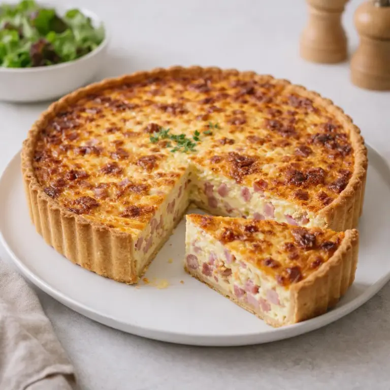 Quiche lorena con prosciutto affumicato e formaggio emmental croccante